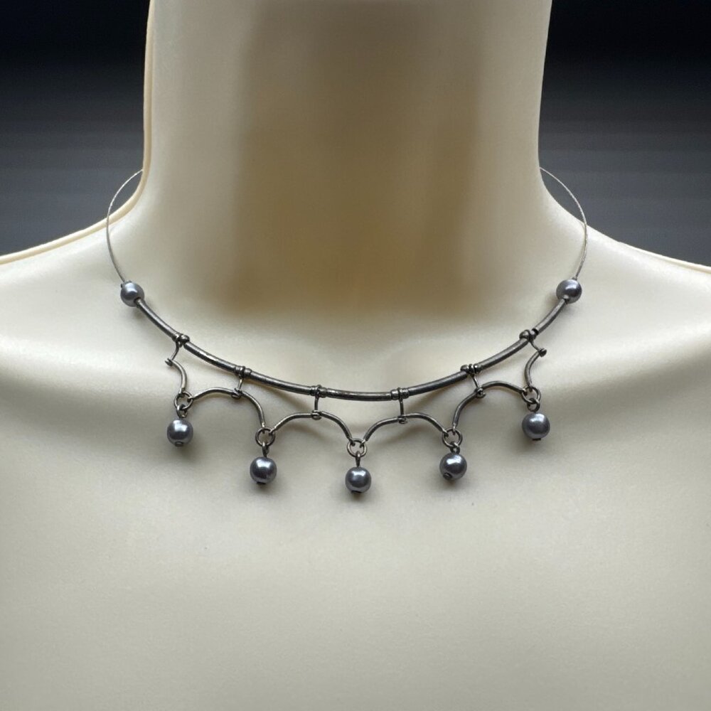 Silver Tone Modern Drop Choker Necklace with Grey Beads